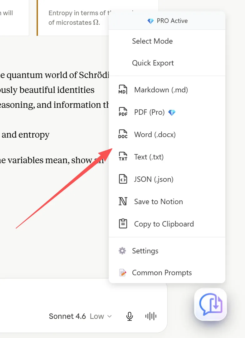 Exportformatmenü mit allen 7 Optionen und Formatkennzeichnungen