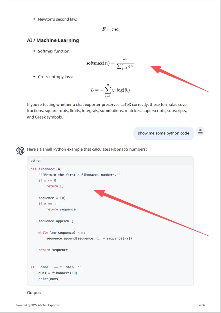 PDF-Ausgabevorschau — Code-Hervorhebung, Mathematikformeln, Tabellen