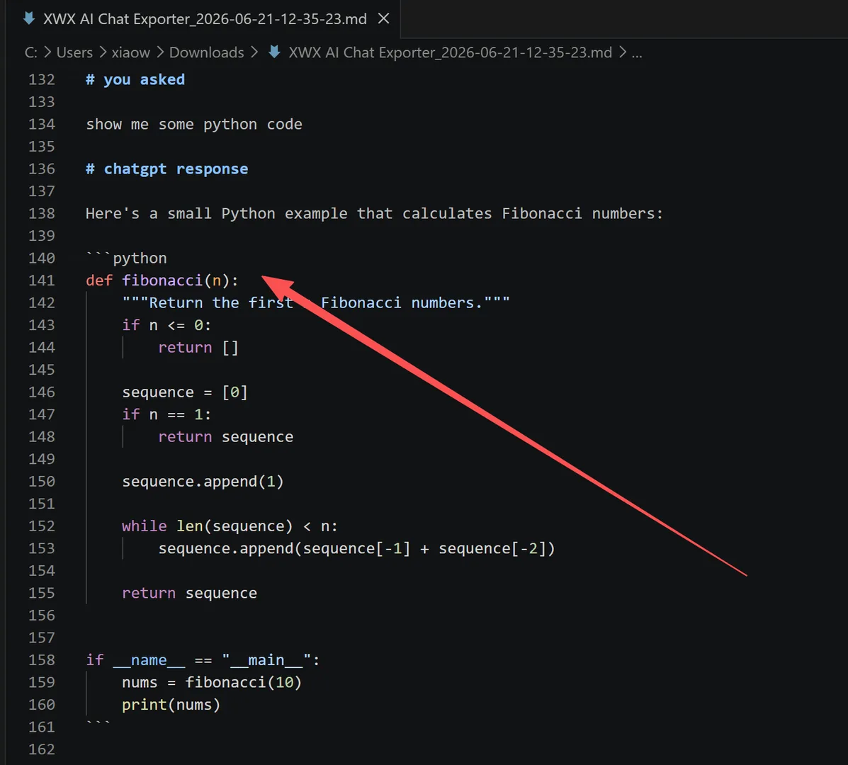 Markdown 출력 — 언어 태그가 있는 펜스 코드 블록