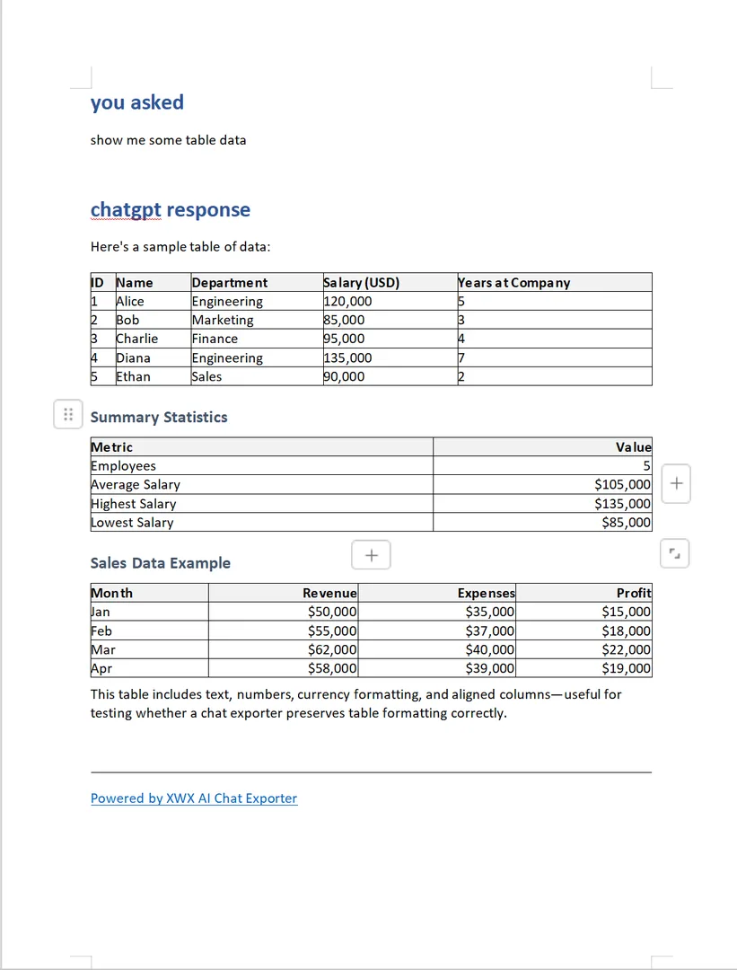 Word-Ausgabe — formatierte Tabelle mit alternierenden Zeilenfarben