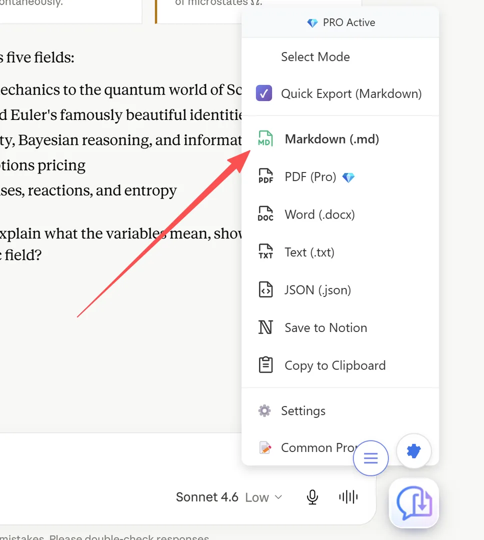 Quick-Export-Bezeichnung mit aktuellem Format: "Quick Export (Markdown)"