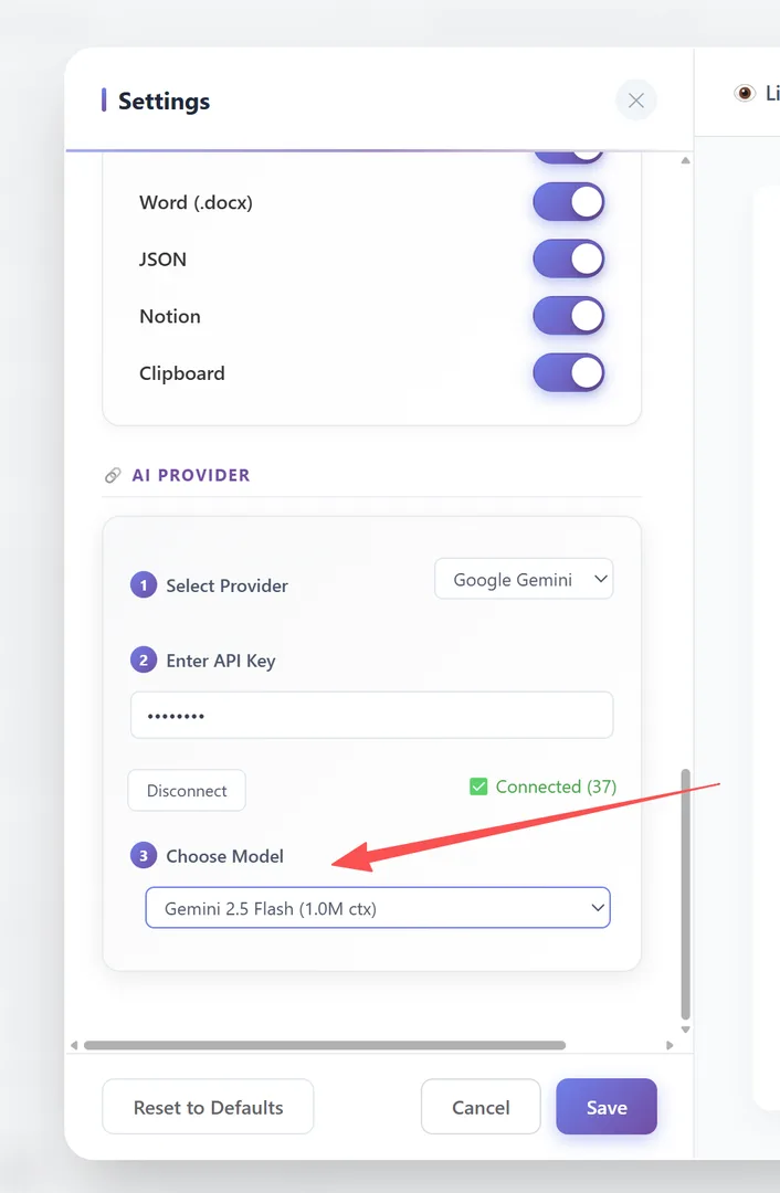 Modell-Dropdown nach API-Schlüssel-Verbindung gefüllt