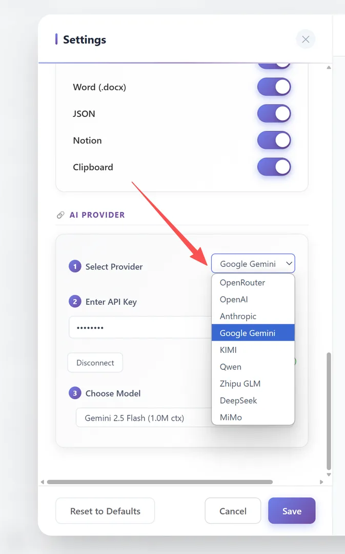 Anbieter-Dropdown mit allen 9 Anbietern